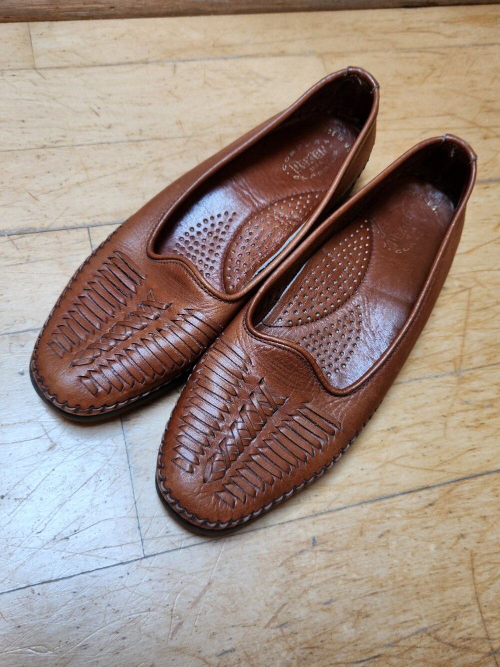 Vintage Brown Leather Woven Moccasin Shoes